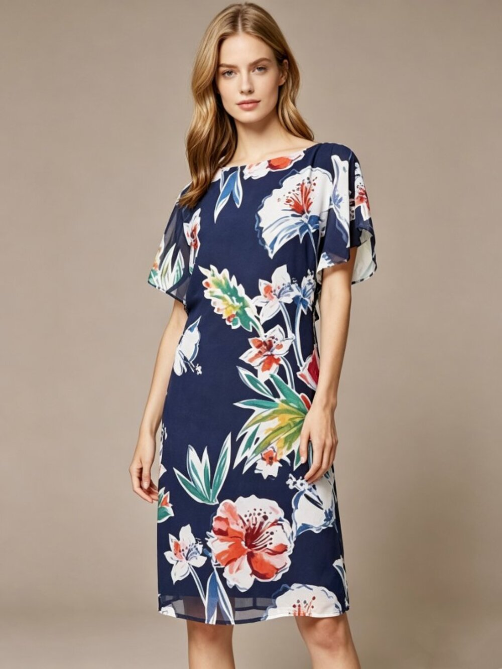 NWOT Esprit Printed Chiffon Dress with Frilled Sleeves Knee length Size 6